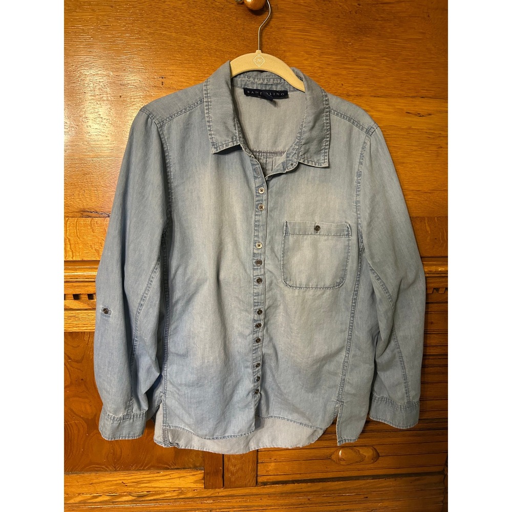 Bandolino Blu Womens Medium Light Wash Denim Chambray Roll Tab Button Down Shirt